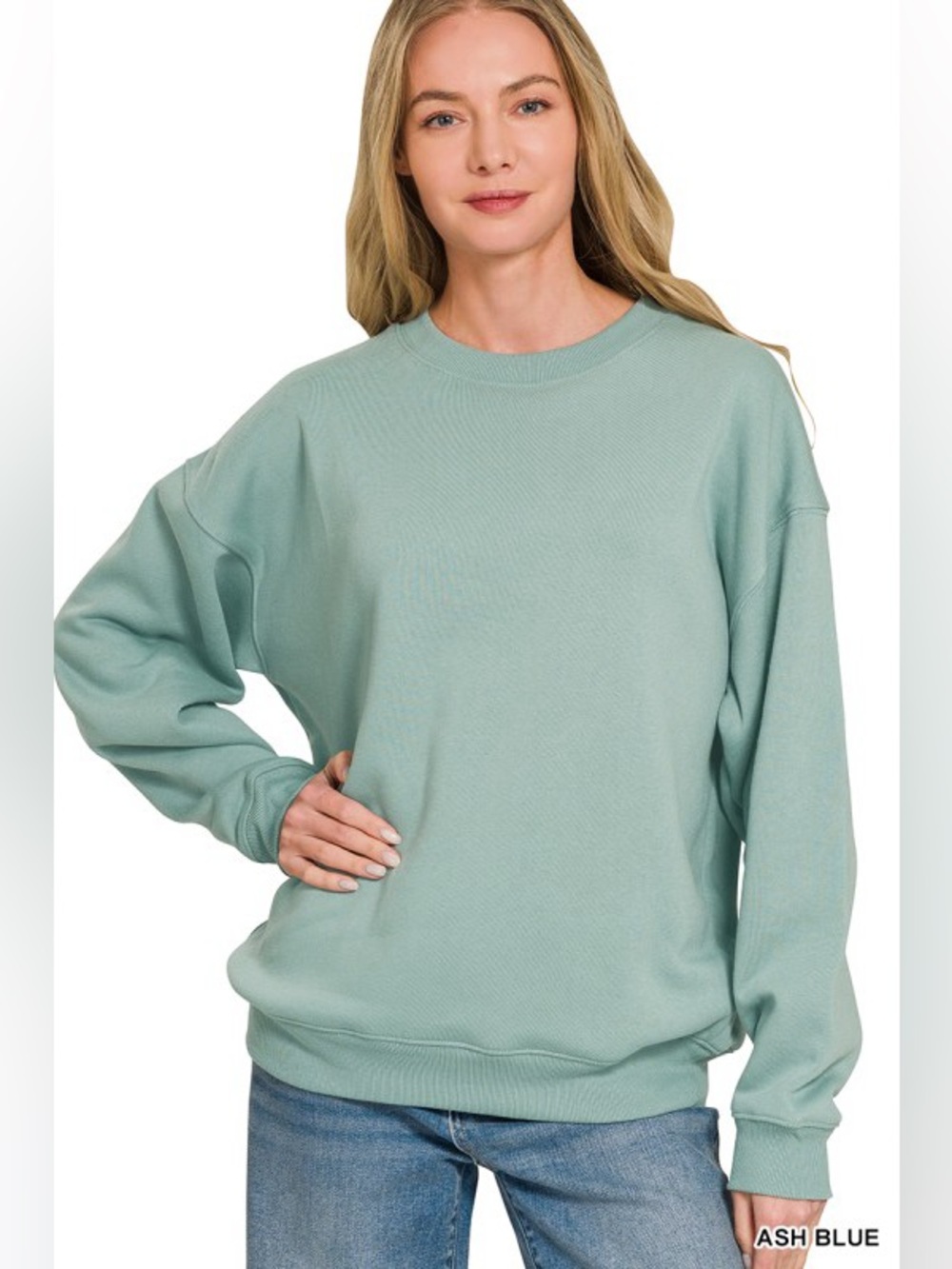 NWT Zenana Ash Blue Fleece Crewneck Long Sleeve Pullover Sweatshirt